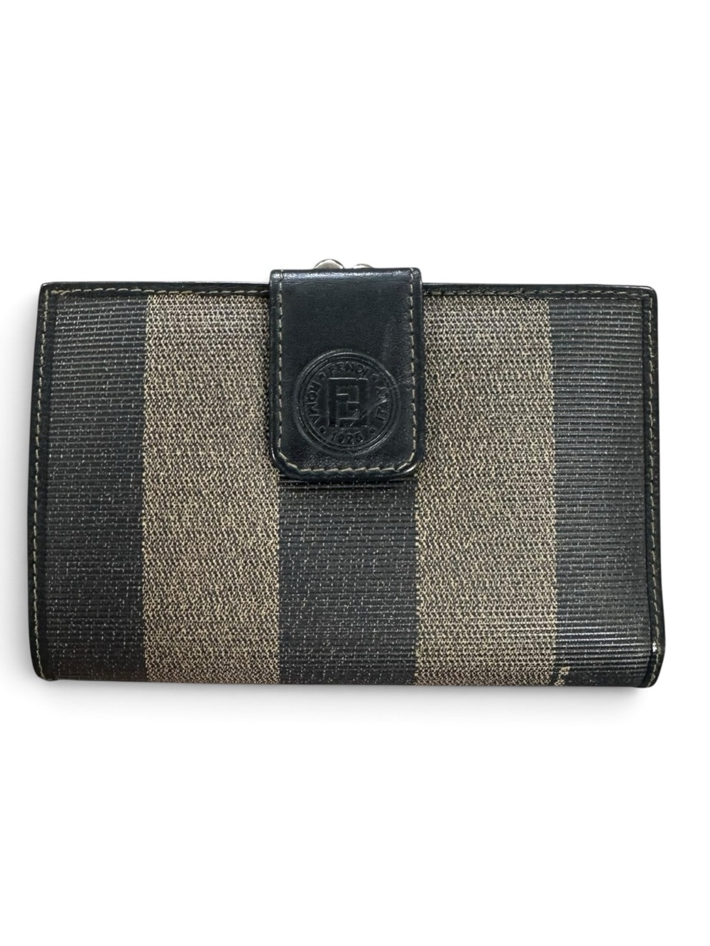FENDI Black & Tan Stripe Pequin Kisslock Leather Bifold Wallet